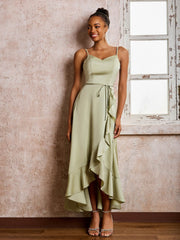 Spaghetti Straps Asymmetrical Soft Satin Dresses Dusty Sage