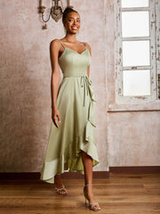 Spaghetti Straps Asymmetrical Soft Satin Dresses Dusty Sage