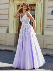 Plunging V-Neck Open Back Tulle Gown Lilac