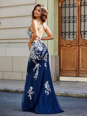 Sweep Train Lace Up Back Tulle Gown Dark Navy