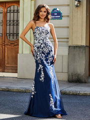 Sweep Train Lace Up Back Tulle Gown Dark Navy