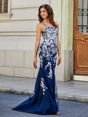 Sweep Train Lace Up Back Tulle Gown Dark Navy