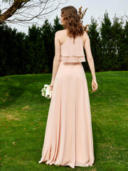 Two Layers Ruffles Bodice Chiffon Dresses Pearl Pink