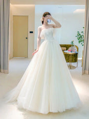 Light Champagne Tulle Long Wedding Dress Tulle Formal Wedding Dress