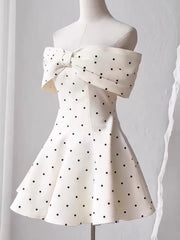 Cute A line Off The Shoulder Black Polka Dots Short Satin Formal Homecoming Dresses Party Graduation Dress Hoco Dresses DH2772