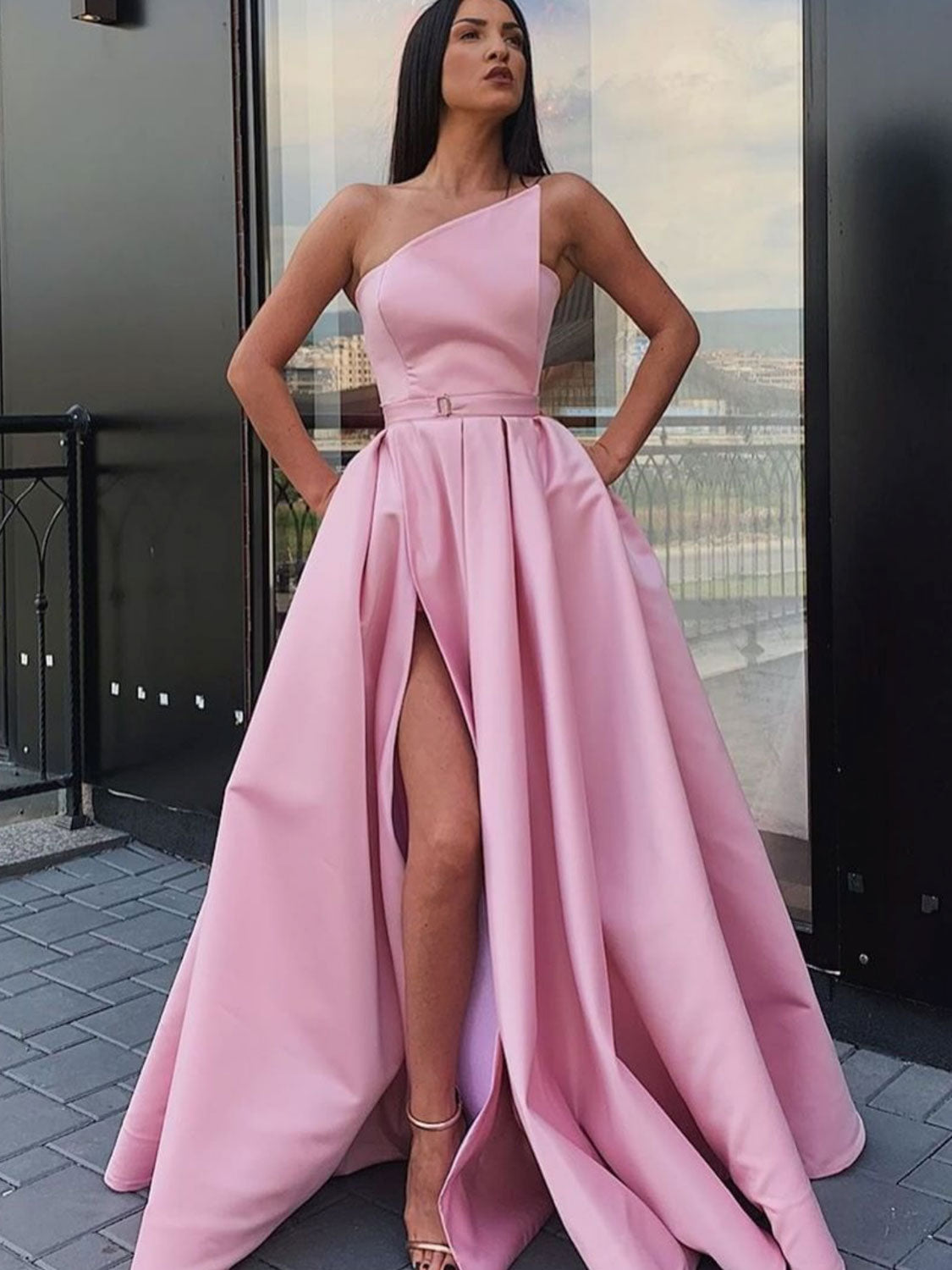 Simple pink satin long prom dress, pink evening dress