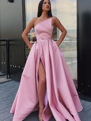 Simple pink satin long prom dress, pink evening dress