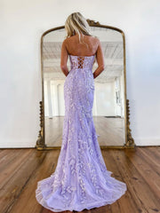 Mermaid Sweetheart Neck Lace Purple Long Prom Dress, Purple Formal Dress