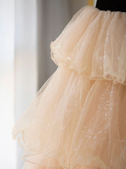 Champagne/Black Tulle Long Prom Dress, Champagne Formal Evening Dress