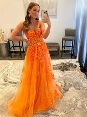 Orange A line tulle lace long prom dress, tulle formal dress