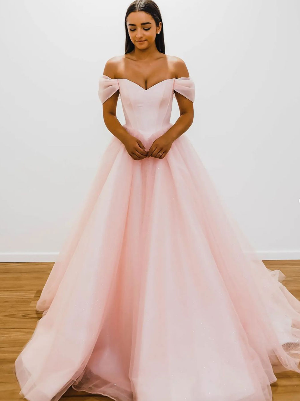 Pink off shoulder tulle long prom dress, pink tulle formal dress