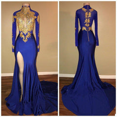 Long Sleeves Blue Gold Prom Dresses 2024 Side Slit Evening Gowns