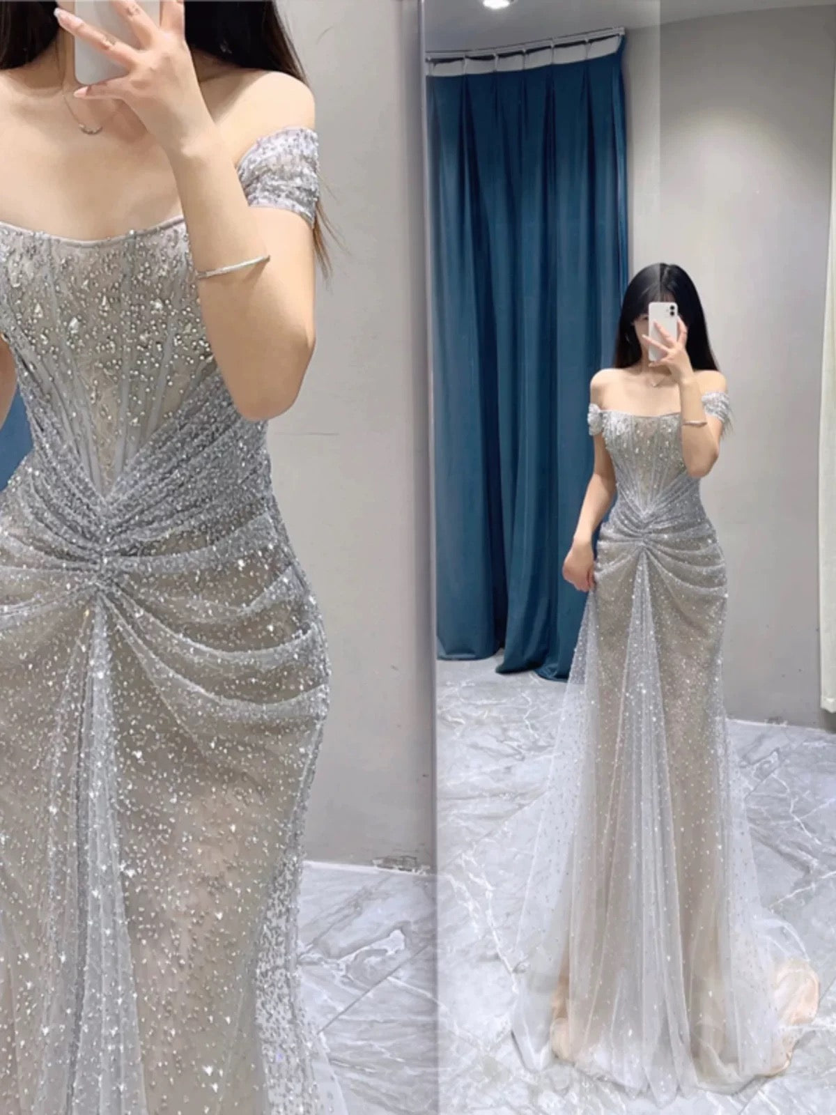 Pretty Mermaid Off The Shoulder Sequin Long Evening Dress Prom Dresses With Beads HZ1024
