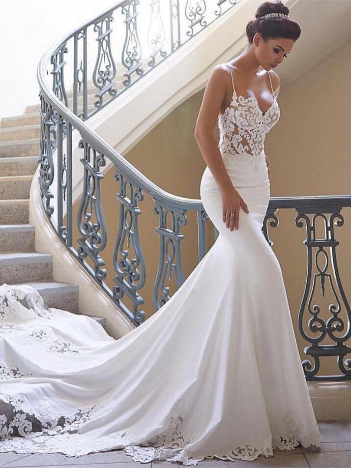 Sexy Mermaid Spaghetti Strap Chiffon Lace Wedding Dresses