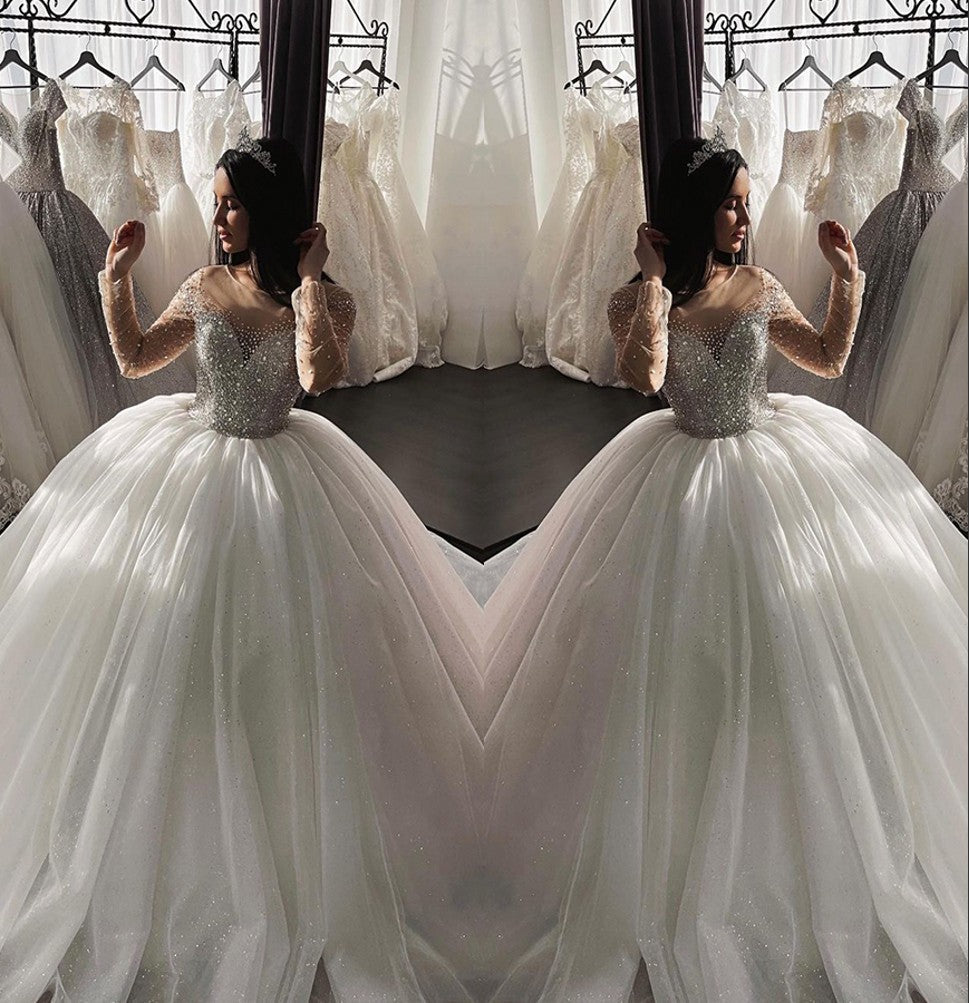 Luxury Sequin Crystals Ball Gown Wedding Dresses Long Sleeves Bridal Wear