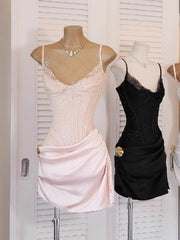 Modest Sheath Spaghetti Straps Little Black Dress Party Dresses Short Formal Homecoming Dresses Night Chic Elegant Cocktail Dresses 16th Birthday Outfits Lace Hoco Dress DH2767