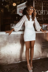 Tight Long Sleeves Sequin Short Homecoming Dress Sexy Hoco Dresses D8175