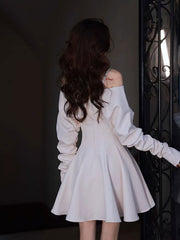 Satin V Neck Short Prom Dress, Long Sleeves Cocktail Dresses