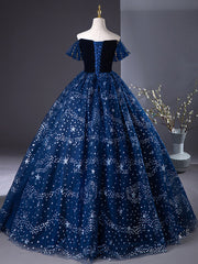 A-Line Off Shoulder Tulle Blue Long Prom Dress, Blue Long Formal Dress with Beads
