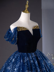 A-Line Off Shoulder Tulle Blue Long Prom Dress, Blue Long Formal Dress with Beads