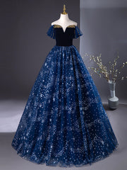 A-Line Off Shoulder Tulle Blue Long Prom Dress, Blue Long Formal Dress with Beads