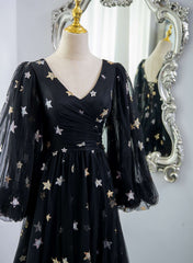Black A-line Tulle Evening Dress Party Dress, Black Long Sleeves Prom Dress