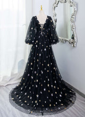 Black A-line Tulle Evening Dress Party Dress, Black Long Sleeves Prom Dress