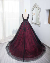 Black and Red Tulle with Black Lace Applique Prom Dress, Black Tulle Sweet 16 Dress