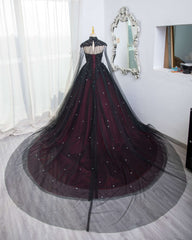 Gorgeous Black and Red Tulle Ball Gown Sweet 16 Dress with Cape, Long Prom Dress