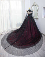 Gorgeous Black and Red Tulle Ball Gown Sweet 16 Dress with Cape, Long Prom Dress