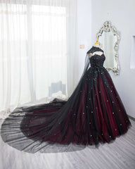 Gorgeous Black and Red Tulle Ball Gown Sweet 16 Dress with Cape, Long Prom Dress