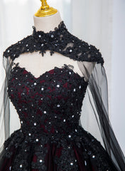 Gorgeous Black and Red Tulle Ball Gown Sweet 16 Dress with Cape, Long Prom Dress