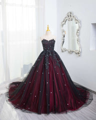 Gorgeous Black and Red Tulle Ball Gown Sweet 16 Dress with Cape, Long Prom Dress