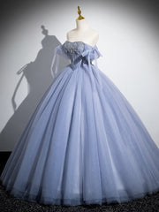 Blue A-Line Tulle Beads Long Prom Dress, Blue Long Formal Dress