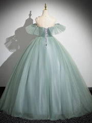 A-Line Off Shoulder Tulle Lace Green Long Prom Dress, Green Long Formal Dress
