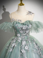 A-Line Off Shoulder Tulle Lace Green Long Prom Dress, Green Long Formal Dress