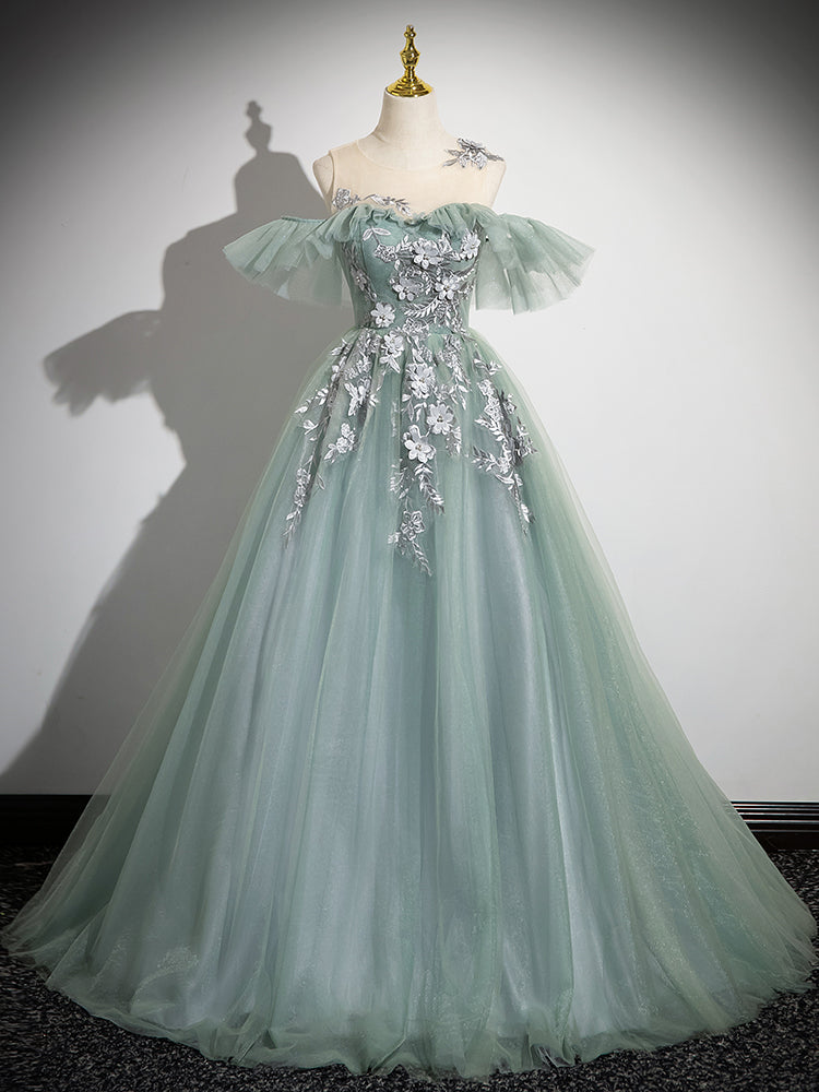 A-Line Off Shoulder Tulle Lace Green Long Prom Dress, Green Long Formal Dress