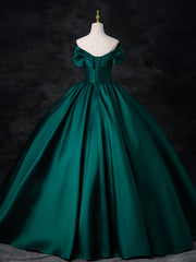 A-Line Off Shoulder Satin Green Long Prom Dress, Green Long Formal Dress