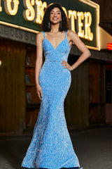 Sparkly Blue Spaghetti Straps Long Mermaid Prom Dress With Sequins