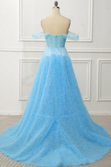 A Line Off the Shoulder Blue Corset Prom Dress with Ruffled
