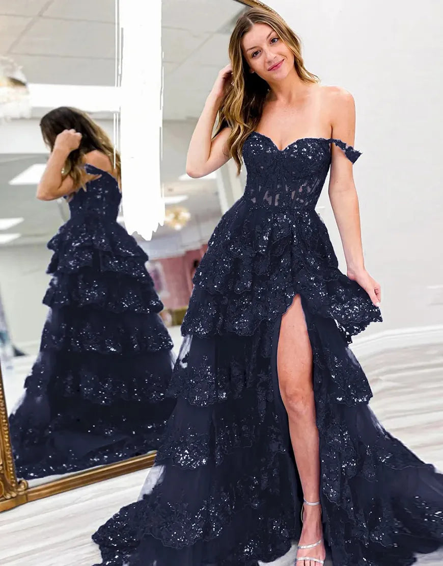 Wholesale Gorgeous Shiny A-Line Long Tiered Corset Prom Dress With Sequined Appliques prom dresses shops