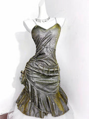 Vintage Green Spaghetti Strap Ruffled Hem Hem Short 16th Birthday Party Dress Homecoming Dress HZ0319