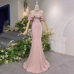 Pink Vintage Off The Shoulder Long Mermaid Prom Dress，Elegant Evening Dress SH642