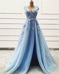 Tulle Prom Dresses Flowers Embroidery V Neck Leg Slit