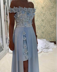 Baby Blue Prom Dresses Off The Shoulder With 3D Flowers