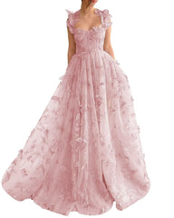 Long Tulle Prom Dress with 3D Butterflies Floor Length Formal Evening Party Gowns for Women Lace Applique