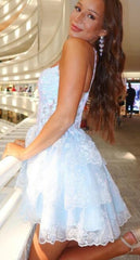 Baby Blue Lace Homecoming Dresses Mini Birthday Party Dress, AST1335
