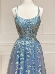 Backless Blue Lace Prom Dresses, Open Back Blue Lace Formal Graduation Dresses