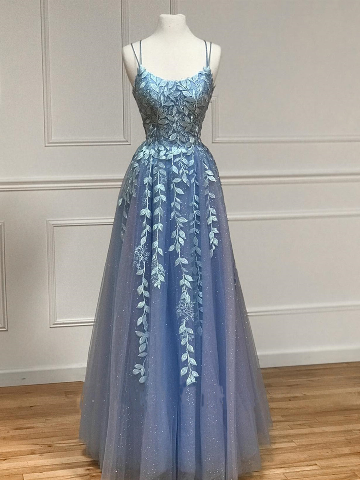 Backless Blue Lace Prom Dresses, Open Back Blue Lace Formal Graduation Dresses