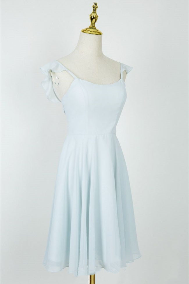 Backless Cap Sleeve lichtblauwe korte bruidsmeisje jurk